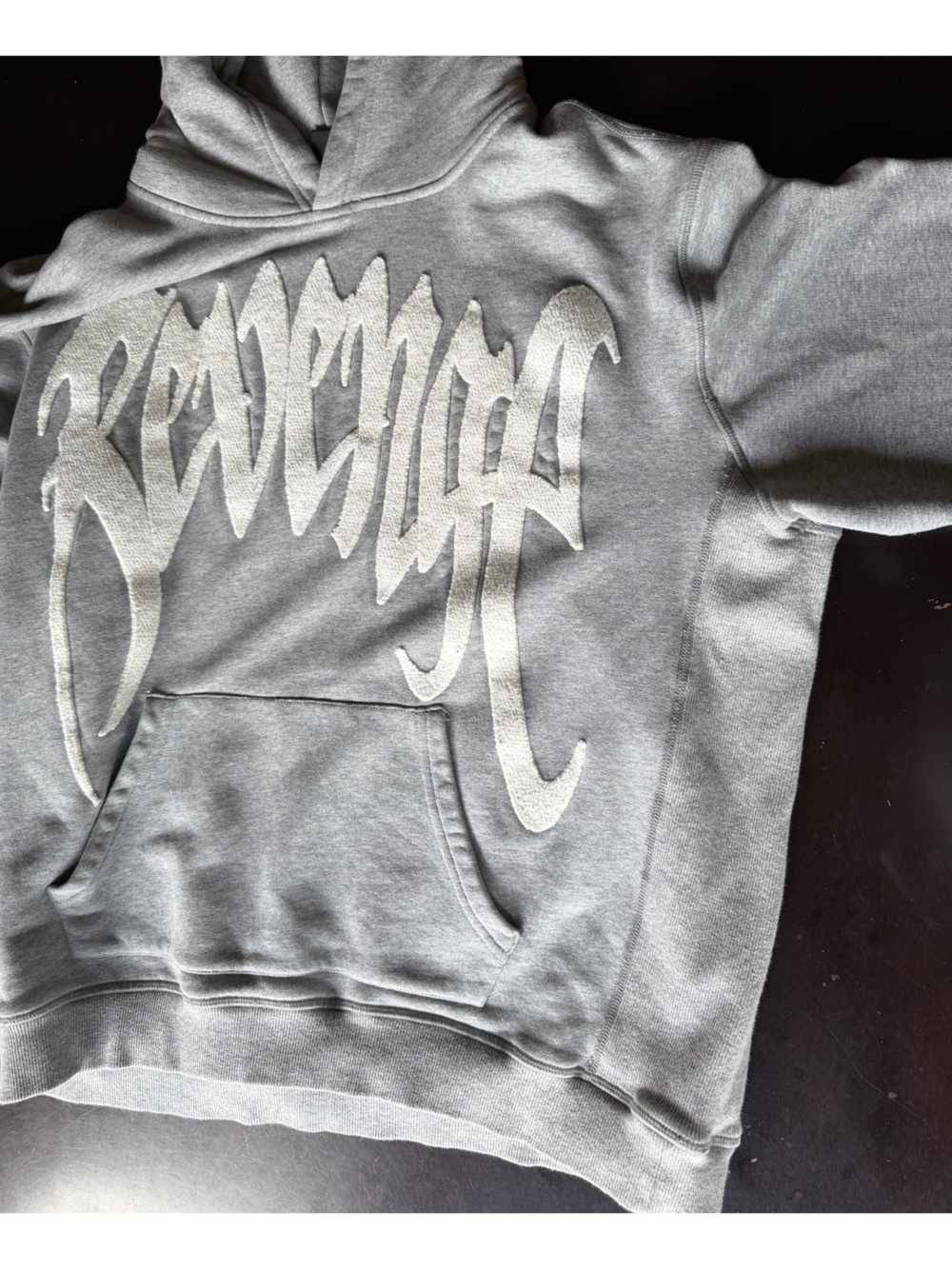 grey chenille patch revenge hoodie